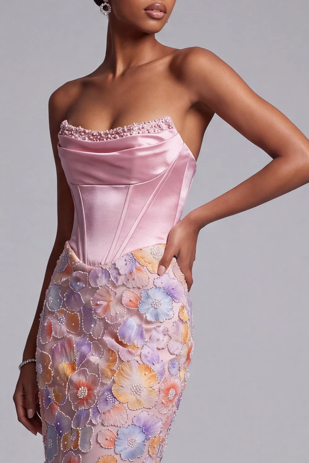 Floral Pink Corset Satin Beaded Mermaid Strapless Long Prom Dress sold by Wedtrend product image thumbnail 3