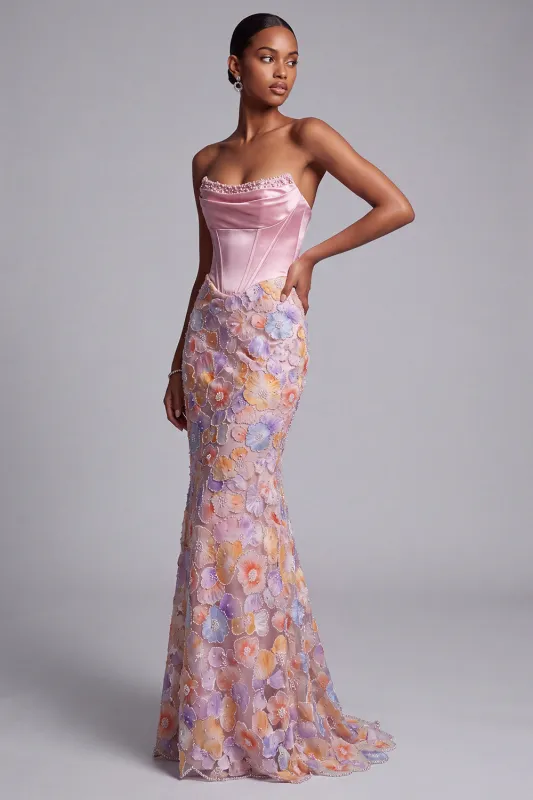 Floral Pink Corset Satin Beaded Mermaid Strapless Long Prom Dress made by Wedtrend
