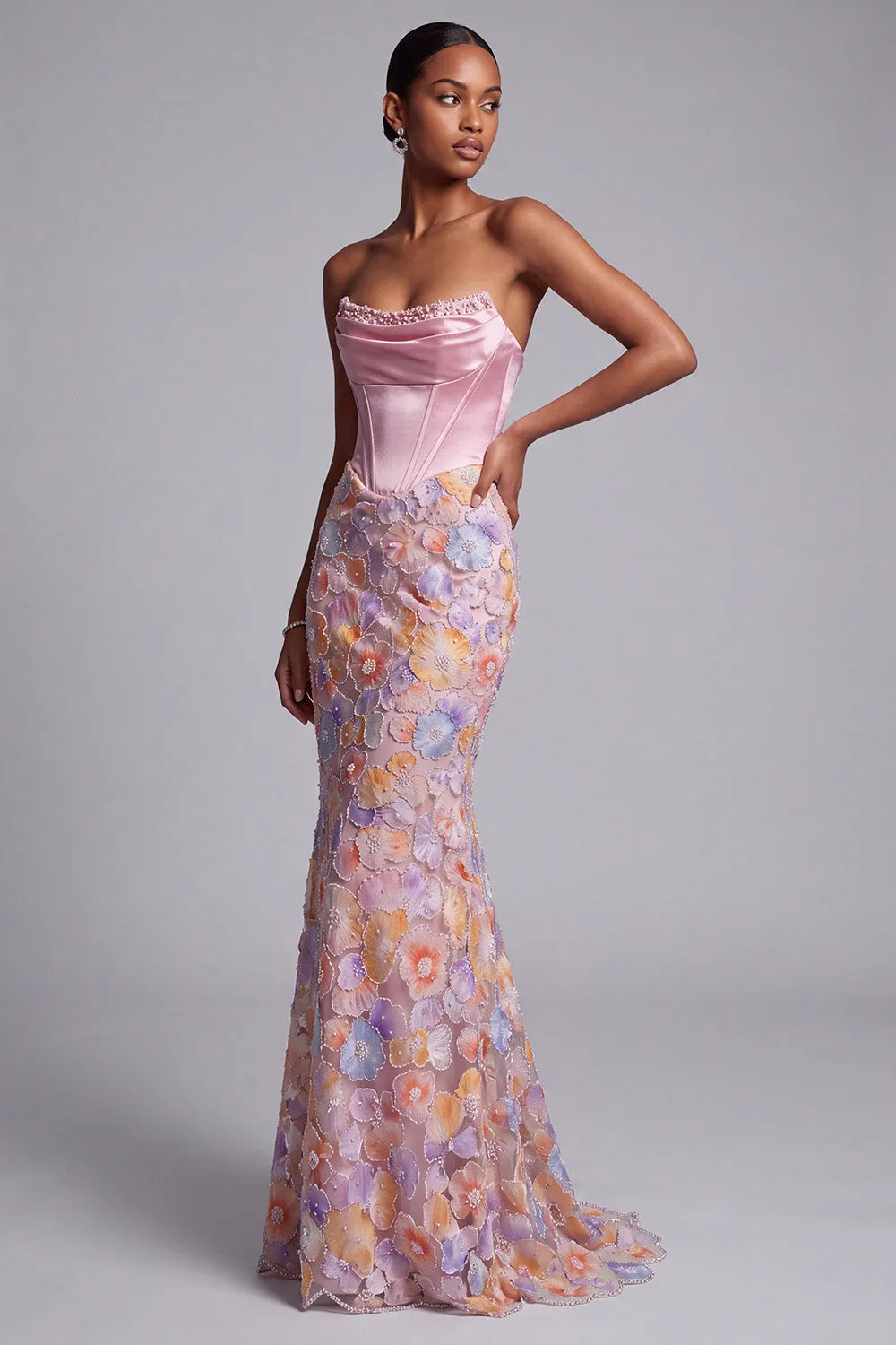 Floral Pink Corset Satin Beaded Mermaid Strapless Long Prom Dress sold by Wedtrend