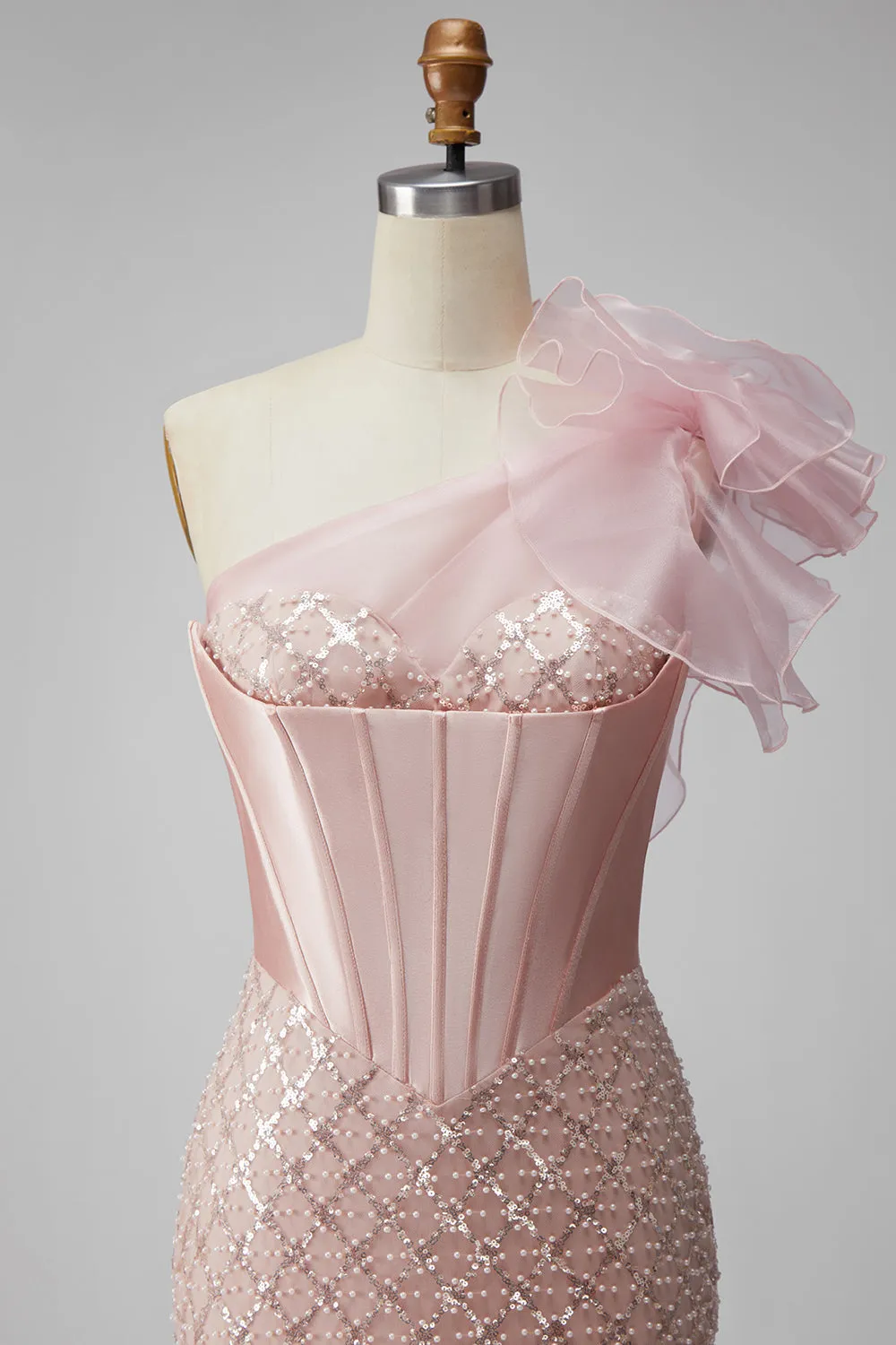 One Shoulder Pink Satin Corset Mermaid Sequin Long Prom Dress with Slit sold by Wedtrend product image thumbnail 4