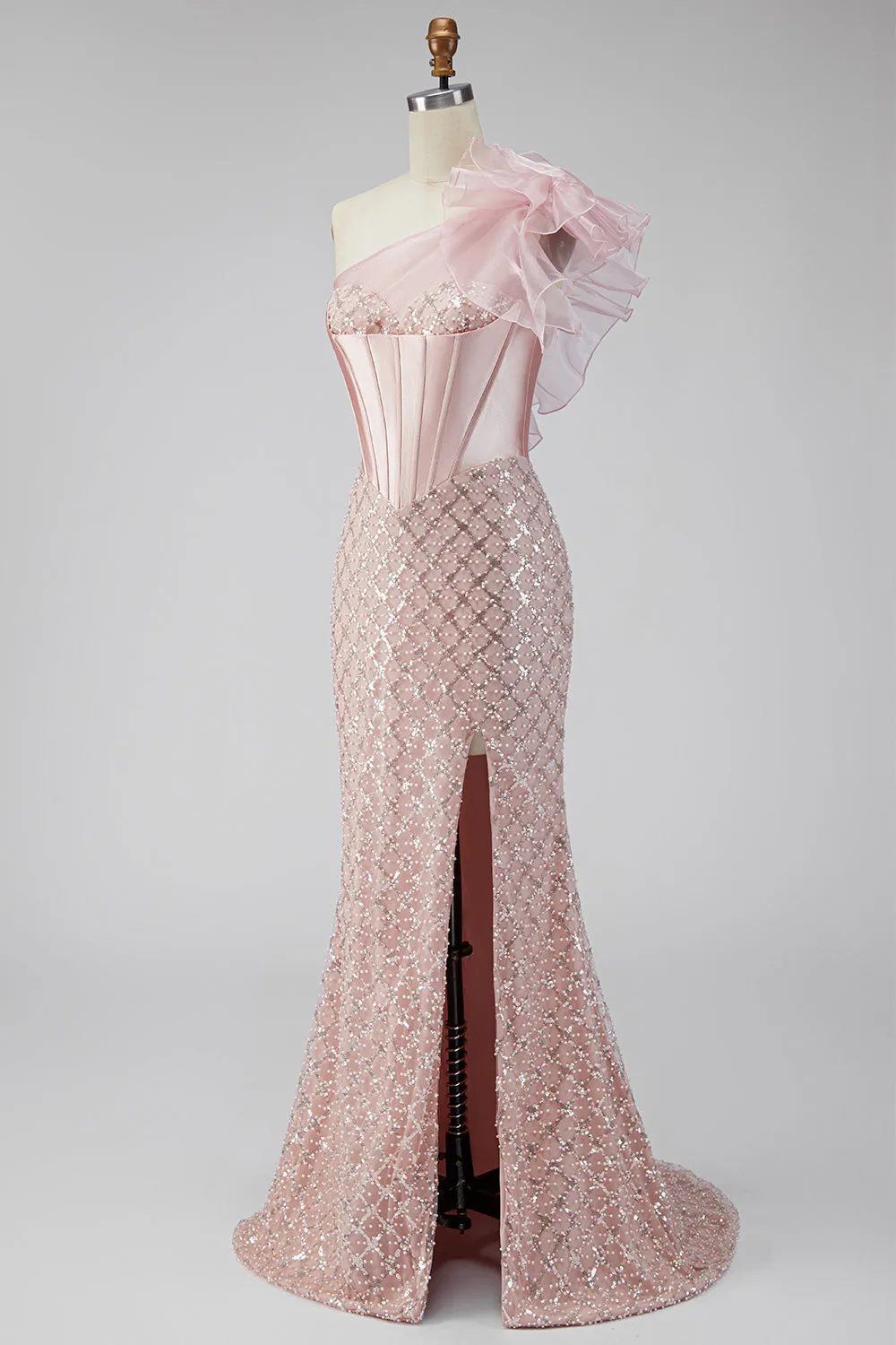 One Shoulder Pink Satin Corset Mermaid Sequin Long Prom Dress with Slit sold by Wedtrend product image thumbnail 3