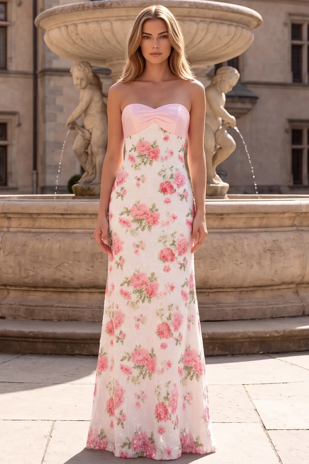 Floral Pink Strapless Sheath Sequin Prom Dress with Back Bow sold by Wedtrend