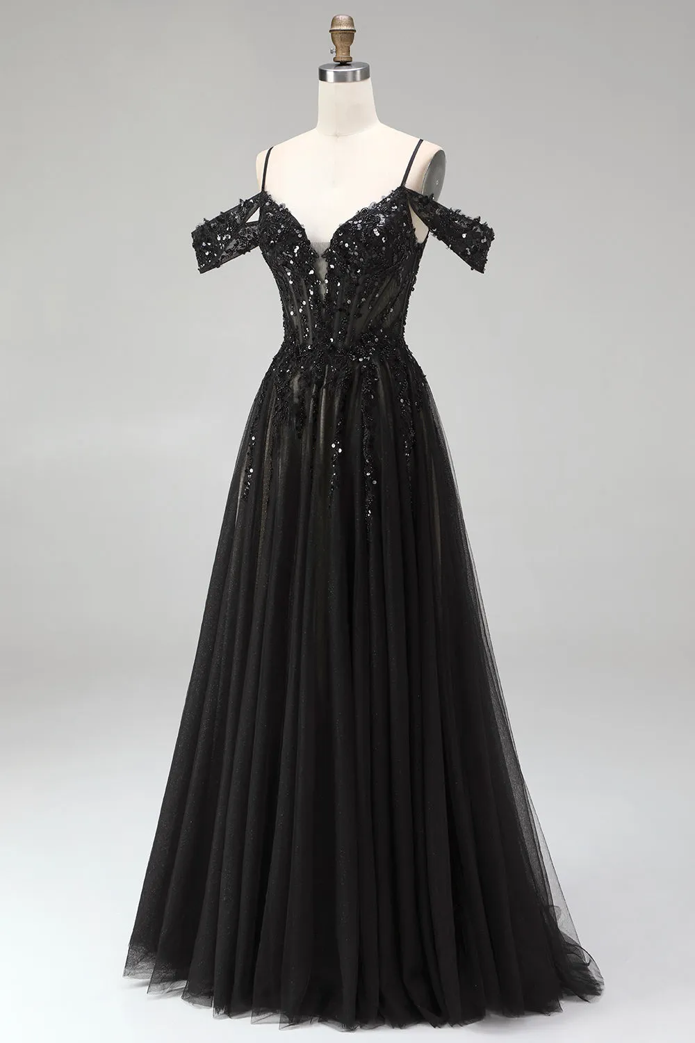 Black A Line Cold Shoulder Tulle Applique Sequin Prom Dress with Slit sold by Wedtrend product image thumbnail 3