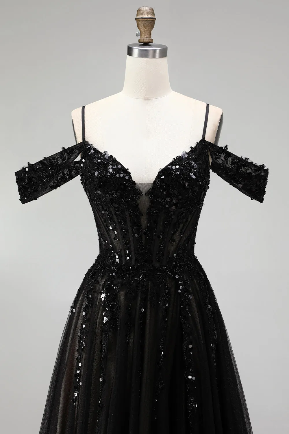Black A Line Cold Shoulder Tulle Applique Sequin Prom Dress with Slit sold by Wedtrend product image thumbnail 4