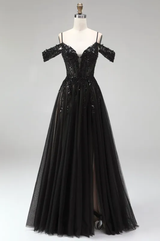 Black A Line Cold Shoulder Tulle Applique Sequin Prom Dress with Slit made by Wedtrend