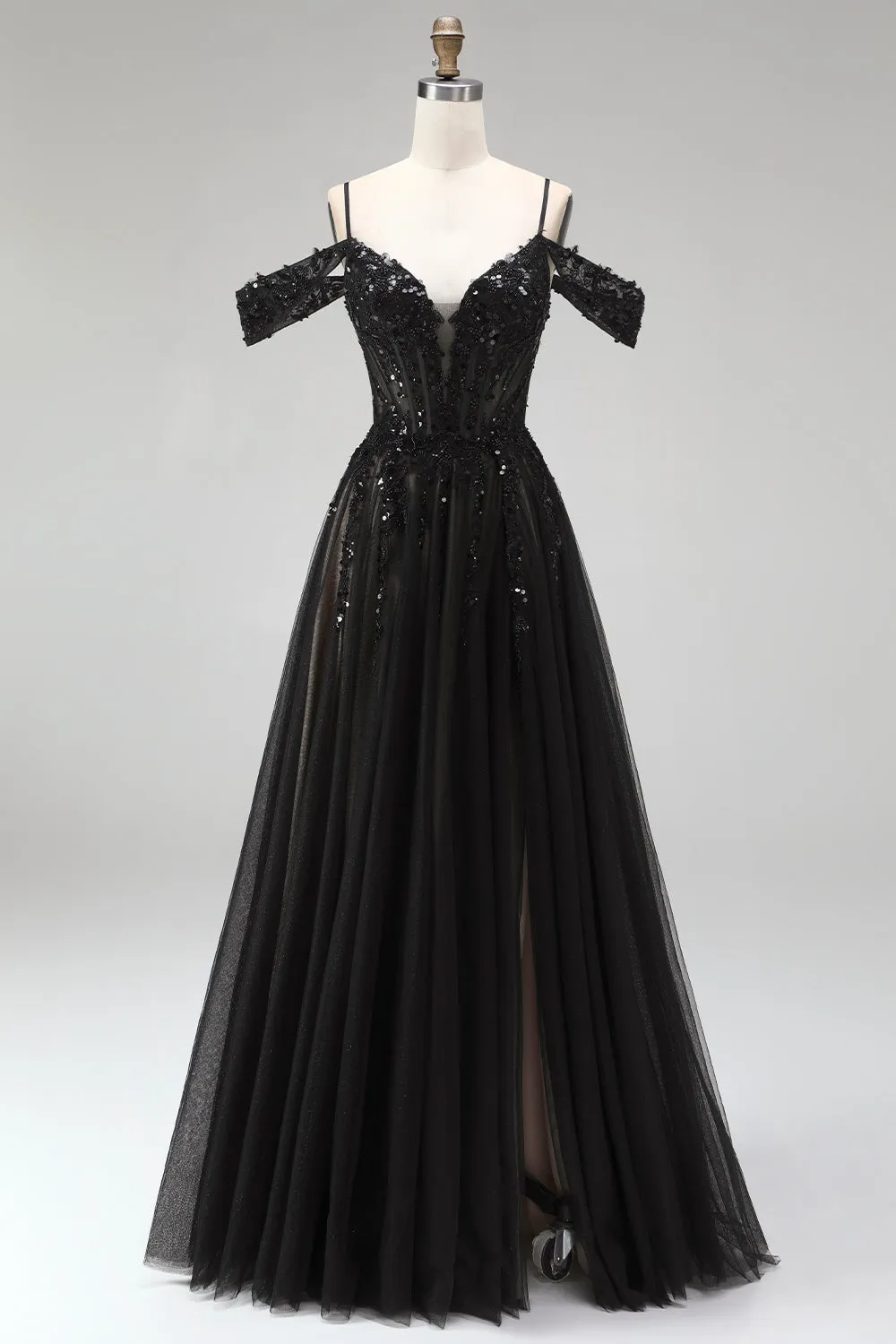 Black A Line Cold Shoulder Tulle Applique Sequin Prom Dress with Slit sold by Wedtrend