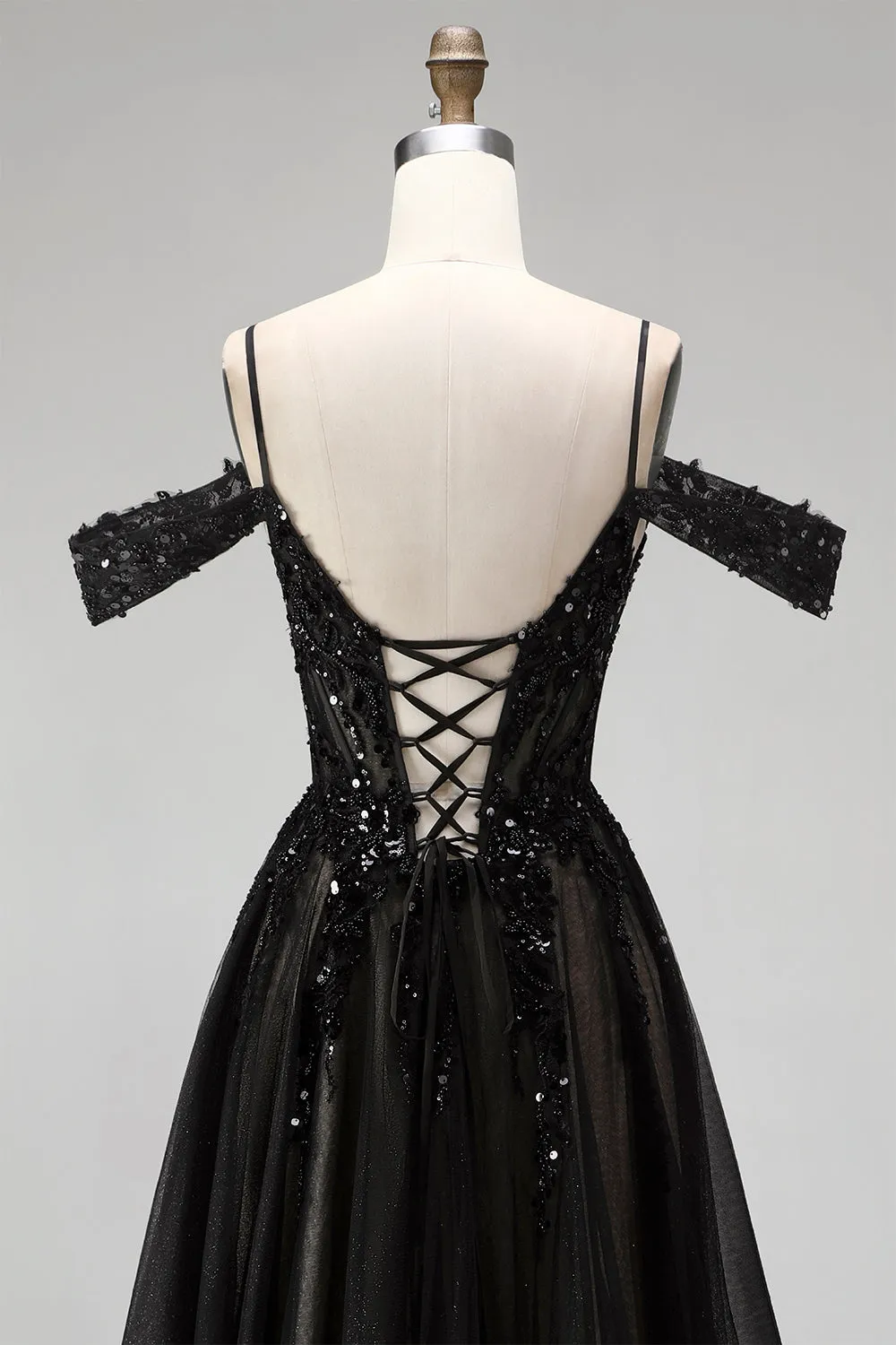 Black A Line Cold Shoulder Tulle Applique Sequin Prom Dress with Slit sold by Wedtrend product image thumbnail 5