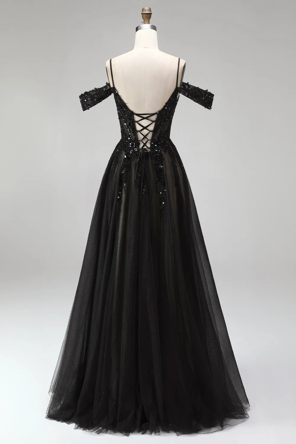 Black A Line Cold Shoulder Tulle Applique Sequin Prom Dress with Slit sold by Wedtrend product image thumbnail 2