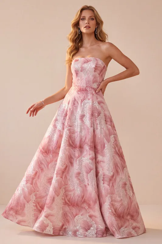 Strapless Pink Floral A Line Sequin Prom Dress with Lace-up Back made by Wedtrend