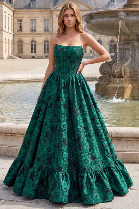 Dark Green A Line Jacquard Strapless Prom Dress with Lace-up Back made by Wedtrend