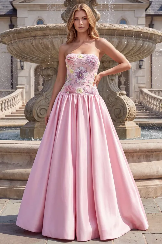 Light Pink Floral Beaded Satin Strapless A Line Long Prom Dress made by Wedtrend
