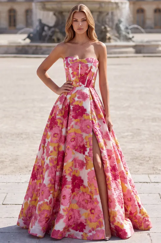 Strapless A Line Corset Jacquard Pink Prom Dress with Slit made by Wedtrend