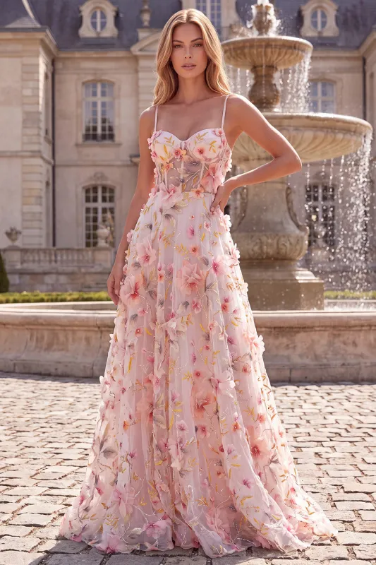 Pink A Line Spaghetti Straps Floral Corset Prom Dress made by Wedtrend