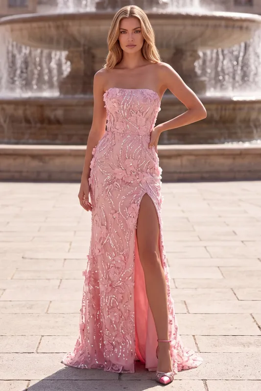 Strapless Pink Mermaid 3D Flower Sequin Prom Dress with Slit made by Wedtrend