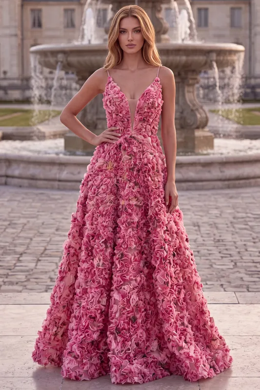 Pink A Line Spaghetti Straps 3D Flower Prom Dress with Lace-up Back made by Wedtrend