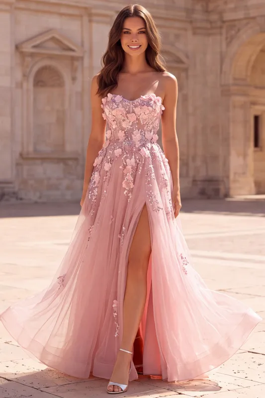 Strapless Pink A Line Floral Applique Sequin Prom Dress with Slit made by Wedtrend