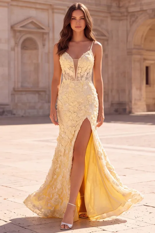 Yellow Mermaid Floral Beaded Prom Dress with Slit made by Wedtrend