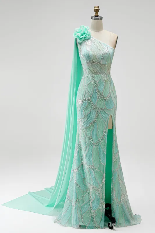 Green One Shoulder Mermaid Beaded 3D Flower Sequin Prom Dress with Drape made by Wedtrend