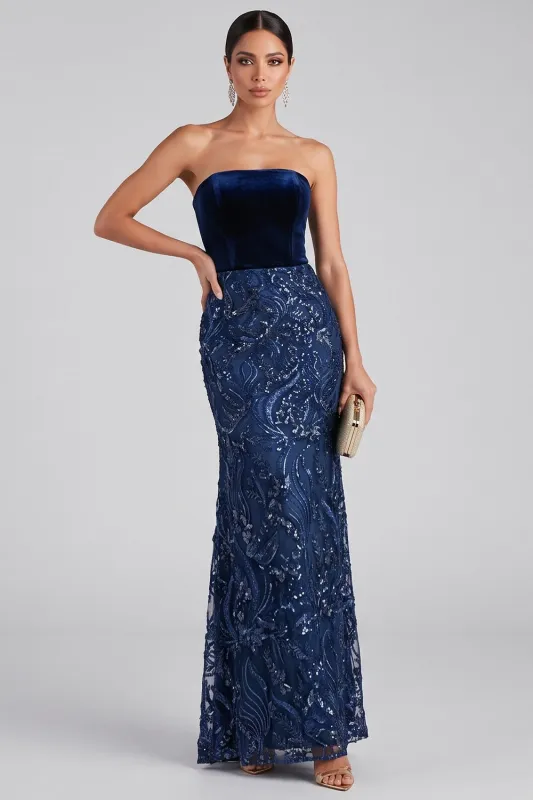 Navy Strapless Velvet Mermaid Sequin Long Formal Dress made by Wedtrend