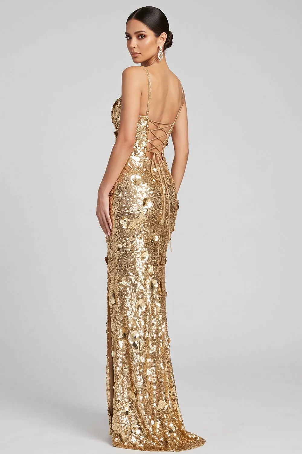 Sparkly Gold Sheath 3D Sequin Formal Dress with Slit sold by Wedtrend product image thumbnail 2