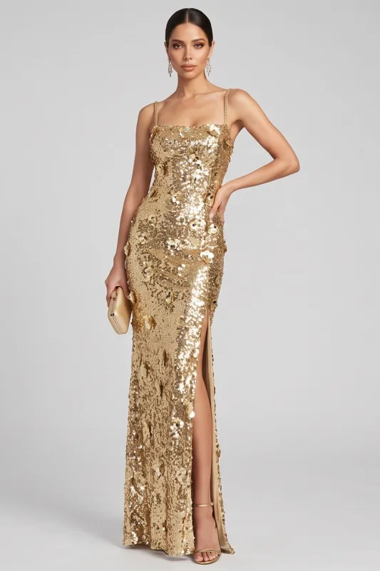 Sparkly Gold Sheath 3D Sequin Formal Dress with Slit made by Wedtrend