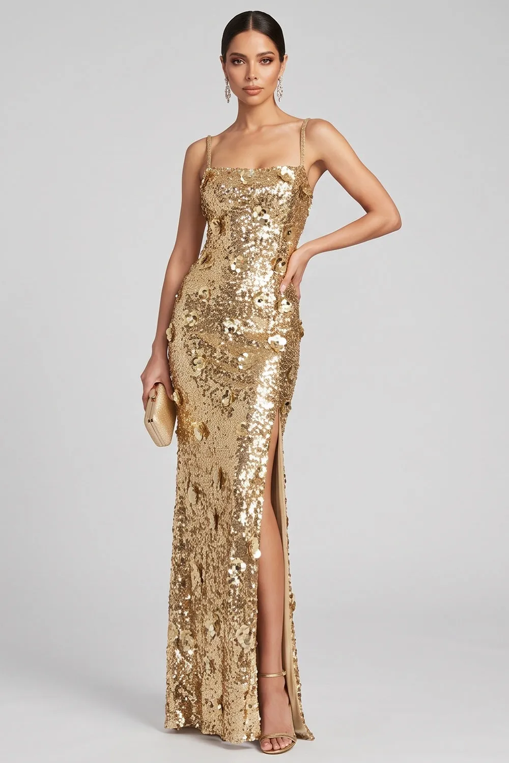 Sparkly Gold Sheath 3D Sequin Formal Dress with Slit sold by Wedtrend