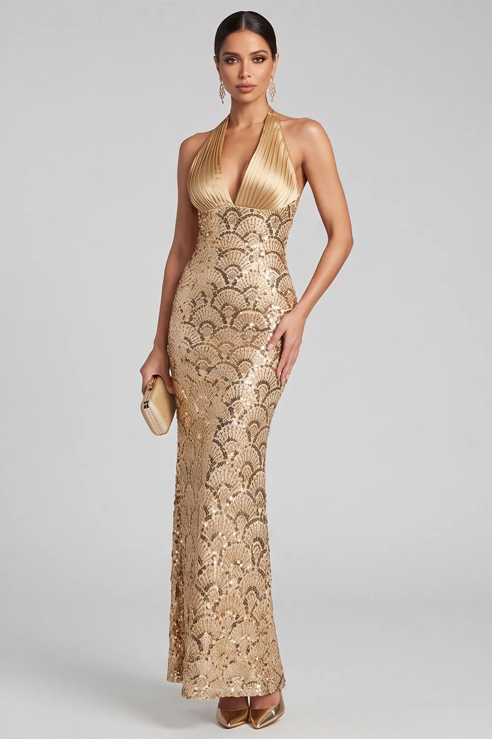 Gold Halter Mermaid Sequin Formal Dress with Lace-up Back sold by Wedtrend