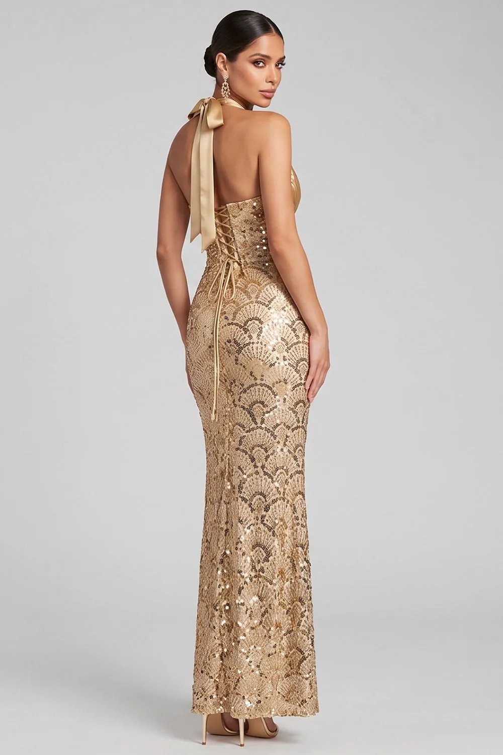 Gold Halter Mermaid Sequin Formal Dress with Lace-up Back sold by Wedtrend product image thumbnail 2