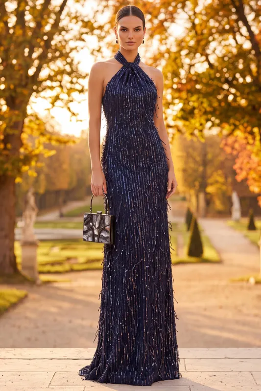 Navy Halter Sheath Fringed Sequin Formal Dress made by Wedtrend