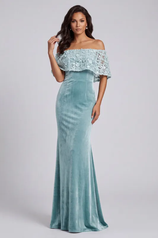 Light Blue Appliqued Mermaid Off the Shoulder Velvet Maxi Dress made by Wedtrend
