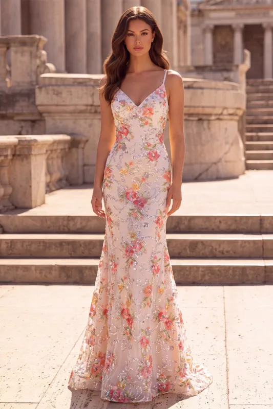 Pink Flower Mermaid Sequin Prom Dress with Lace-up Back made by Wedtrend