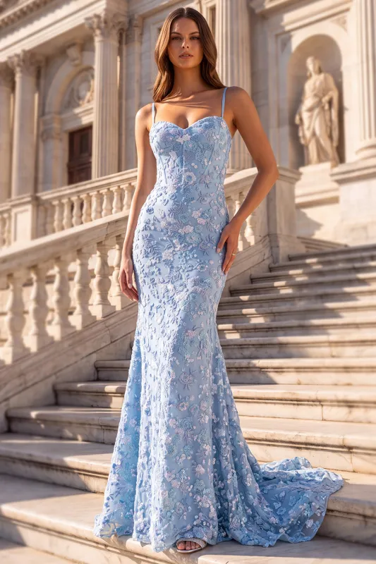 Light Blue Mermaid Sequin Floral Prom Dress with Lace-up Back made by Wedtrend