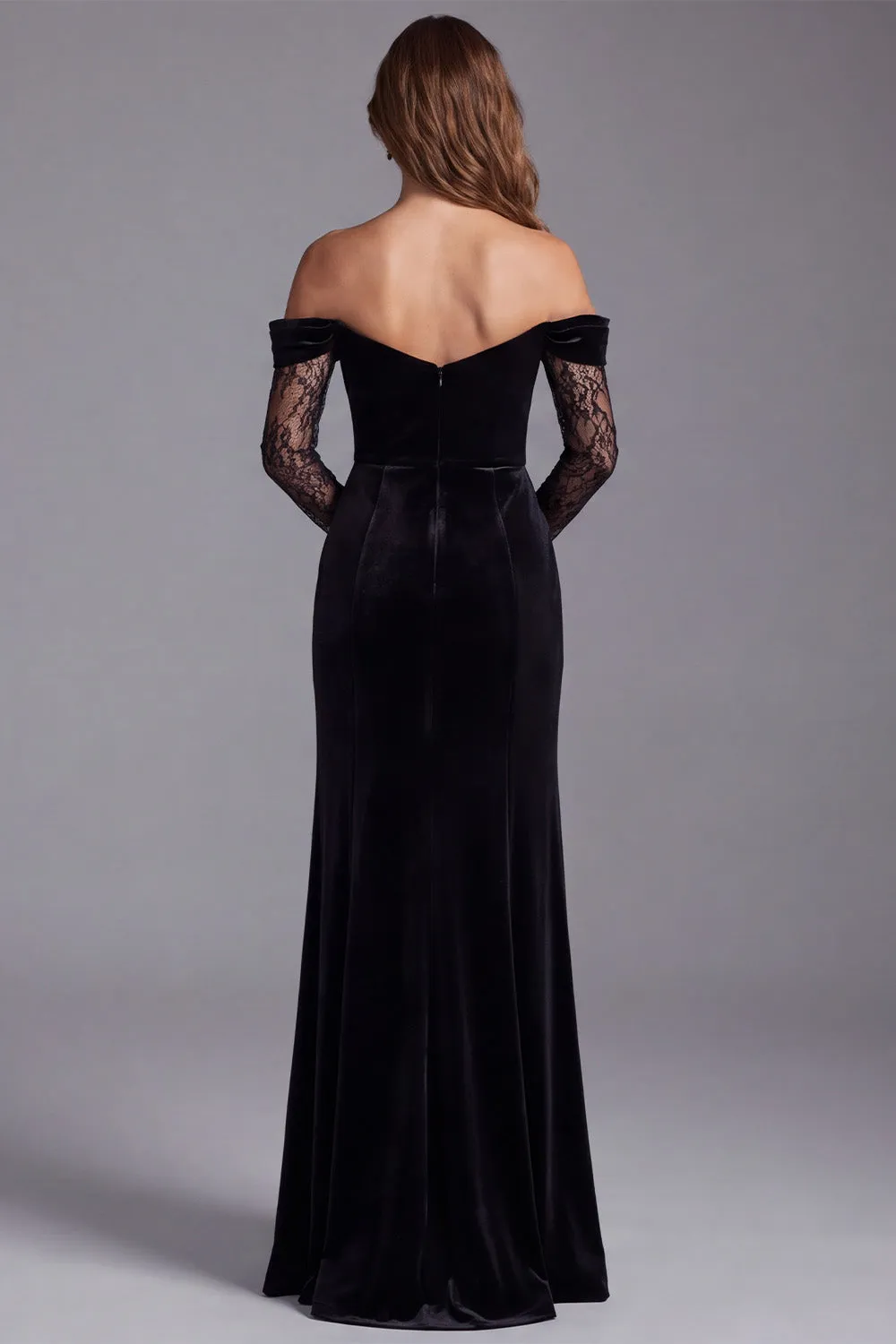 Off the Shoulder Velvet Mermaid Lace Black Formal Dress with Slit sold by Wedtrend product image thumbnail 2