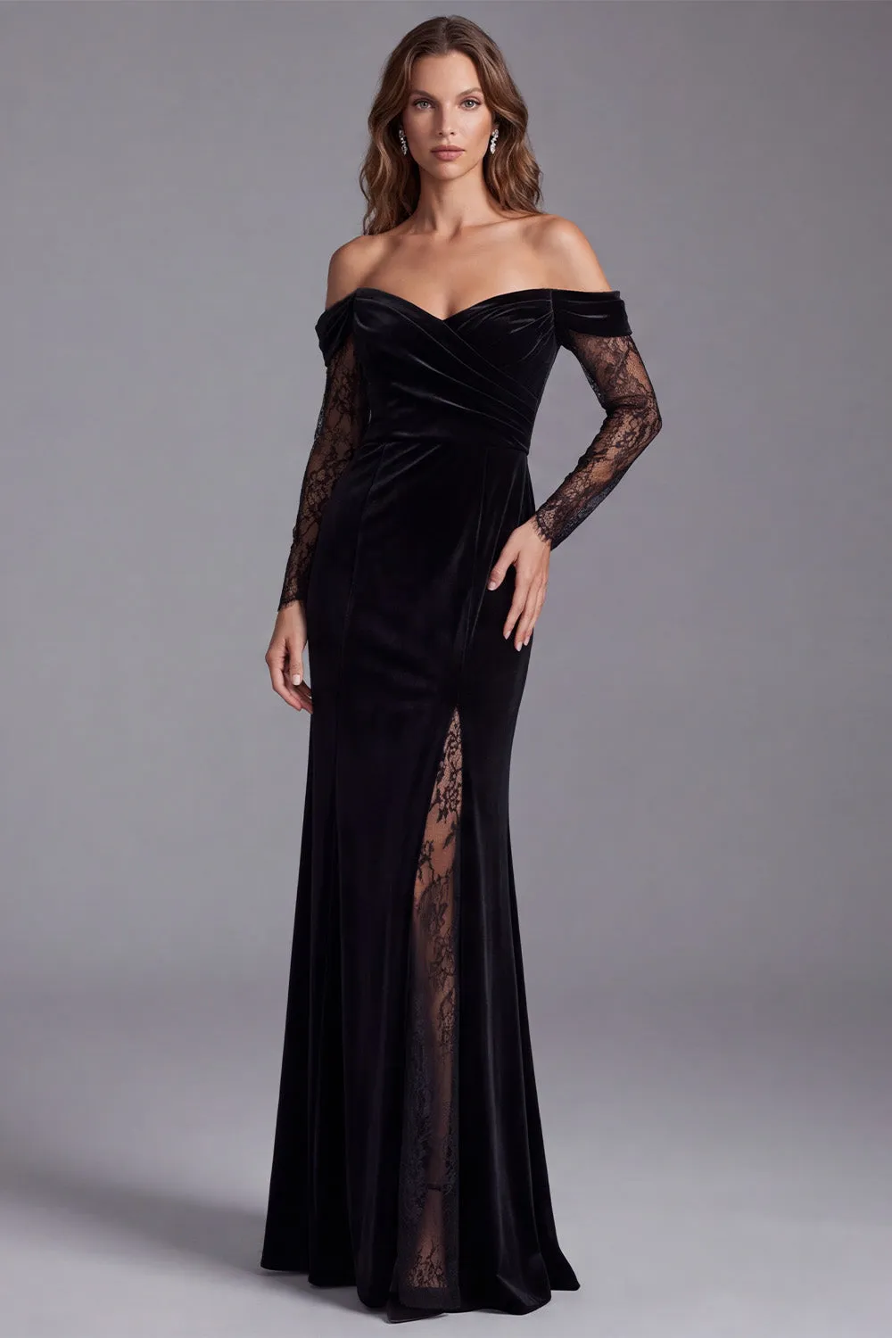 Off the Shoulder Velvet Mermaid Lace Black Formal Dress with Slit sold by Wedtrend