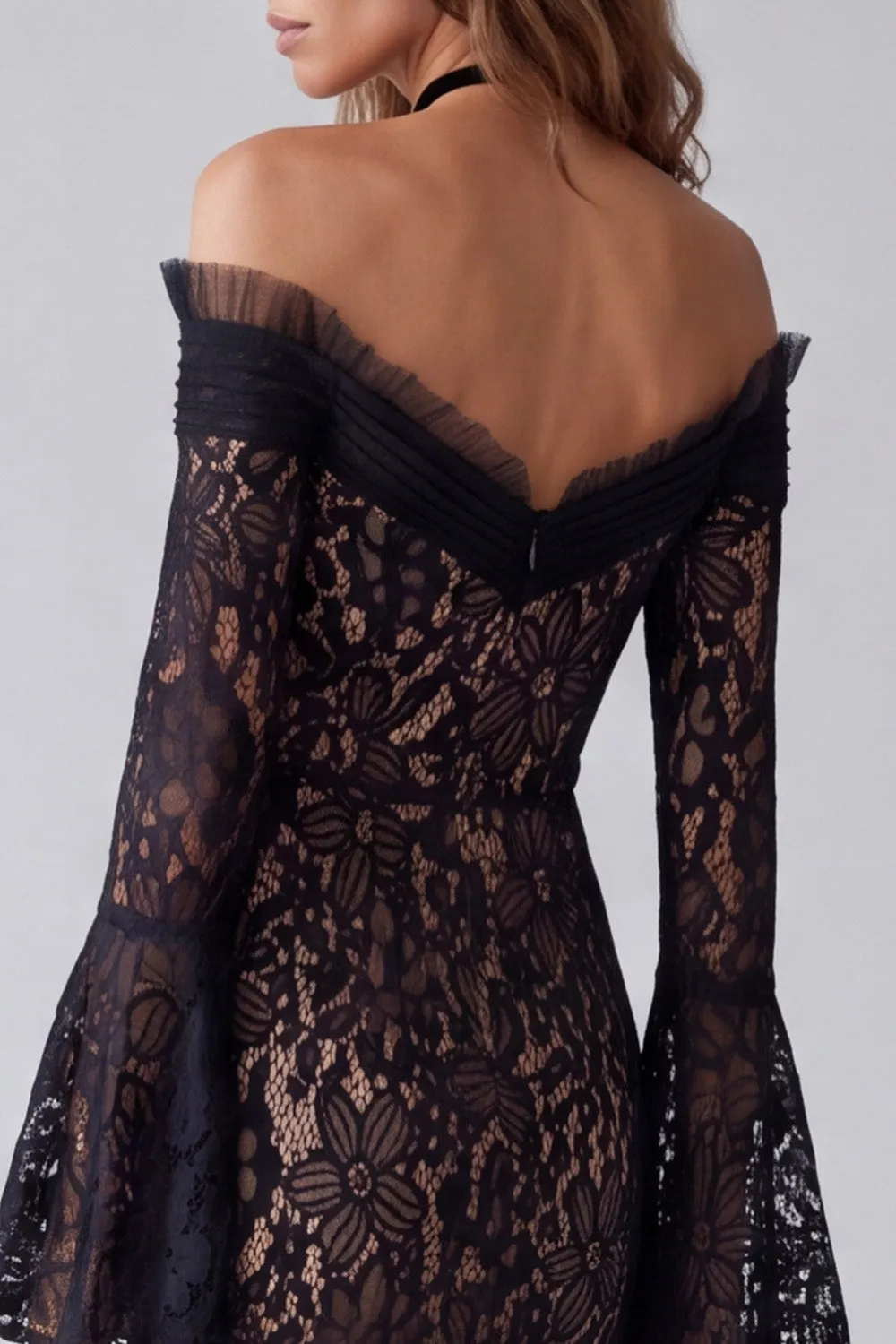 Black Off the Shoulder Floral Lace Formal Dress with Flare Sleeves sold by Wedtrend product image thumbnail 4