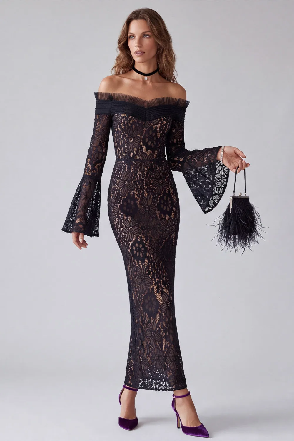 Black Off the Shoulder Floral Lace Formal Dress with Flare Sleeves sold by Wedtrend