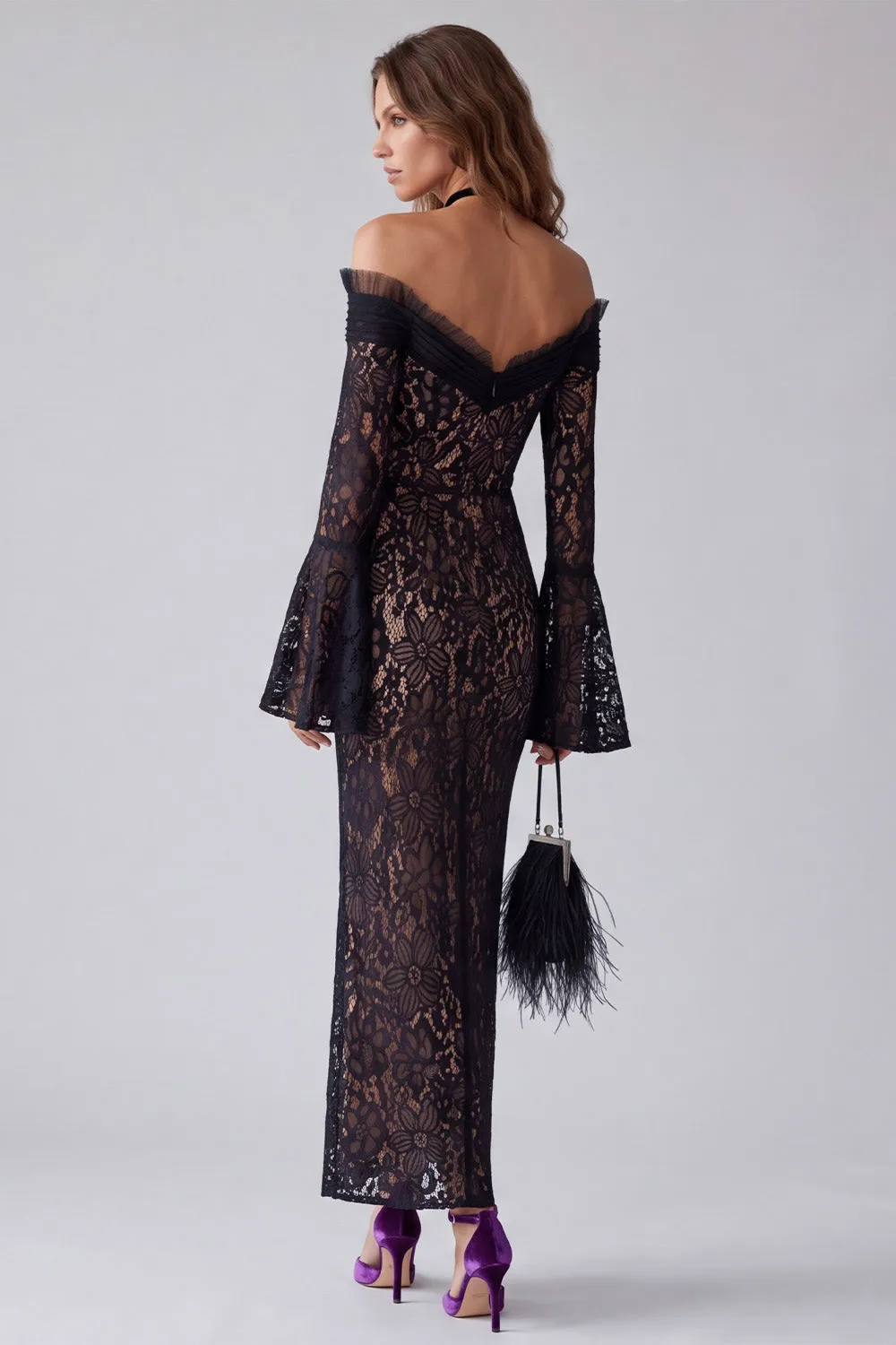 Black Off the Shoulder Floral Lace Formal Dress with Flare Sleeves sold by Wedtrend product image thumbnail 2