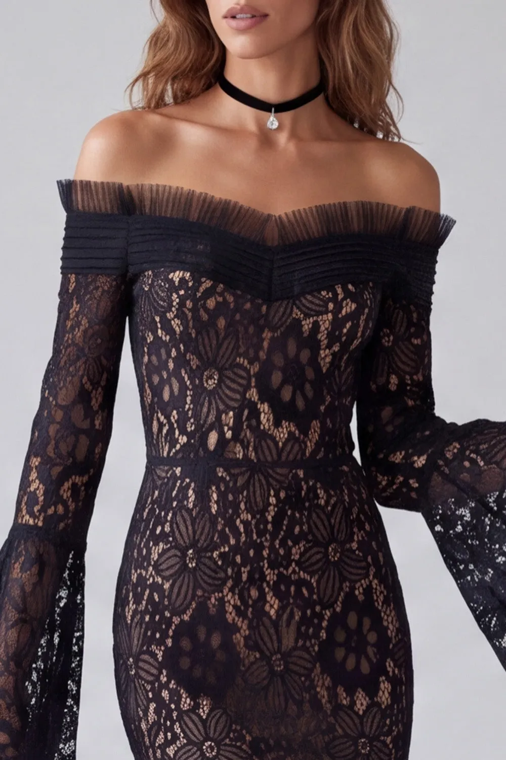 Black Off the Shoulder Floral Lace Formal Dress with Flare Sleeves sold by Wedtrend product image thumbnail 3