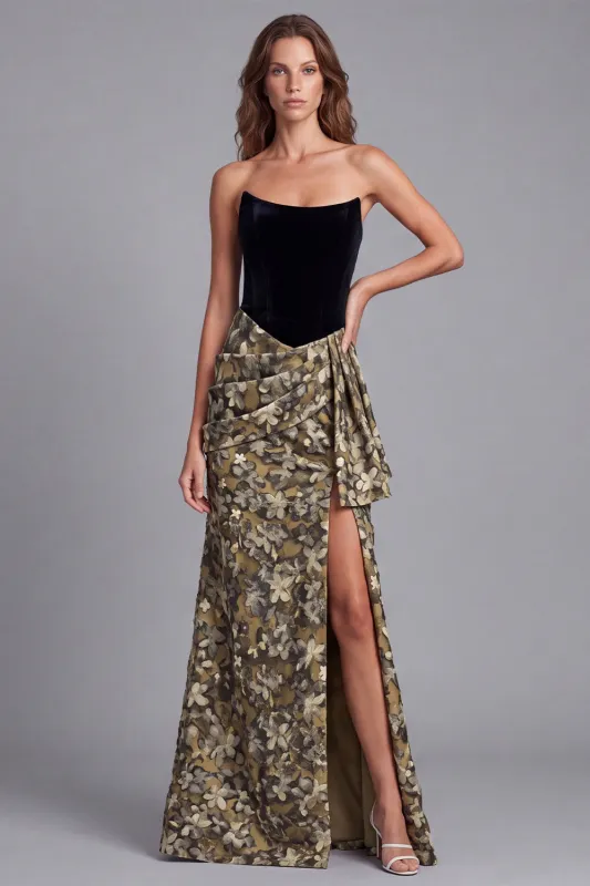 Strapless Black and Yellow Floral Formal Dress with Slit made by Wedtrend