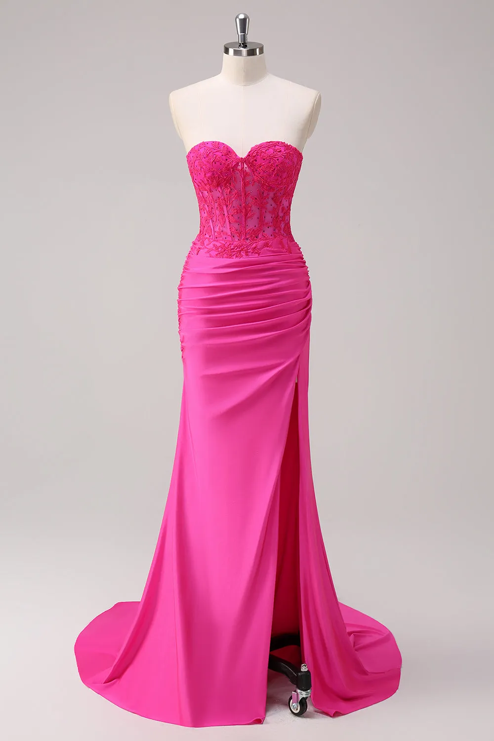 Glitter Fuchsia Mermaid Strapless Ruched Corset Long Prom Dress With Slit sold by Wedtrend