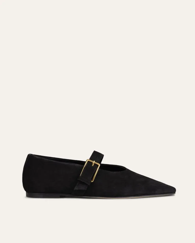 Topo Flat with Strap, Black Suede made by Dear Frances