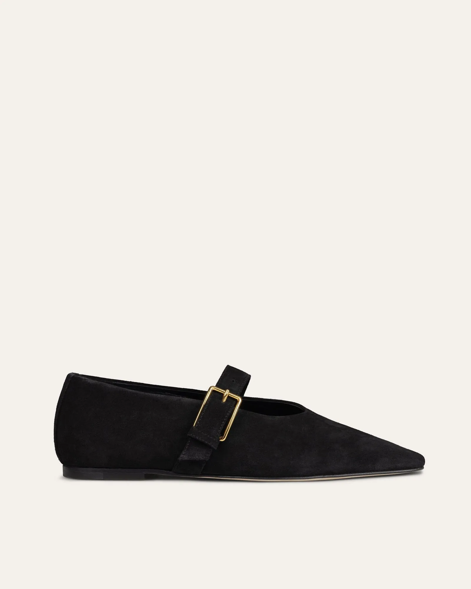 Topo Flat with Strap, Black Suede sold by Dear Frances