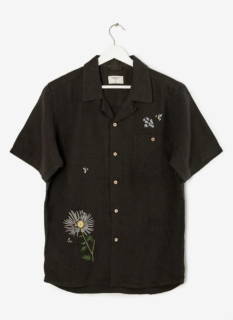 Wildflower Tapestry Cuban Linen Shirt | Black sold by Percival