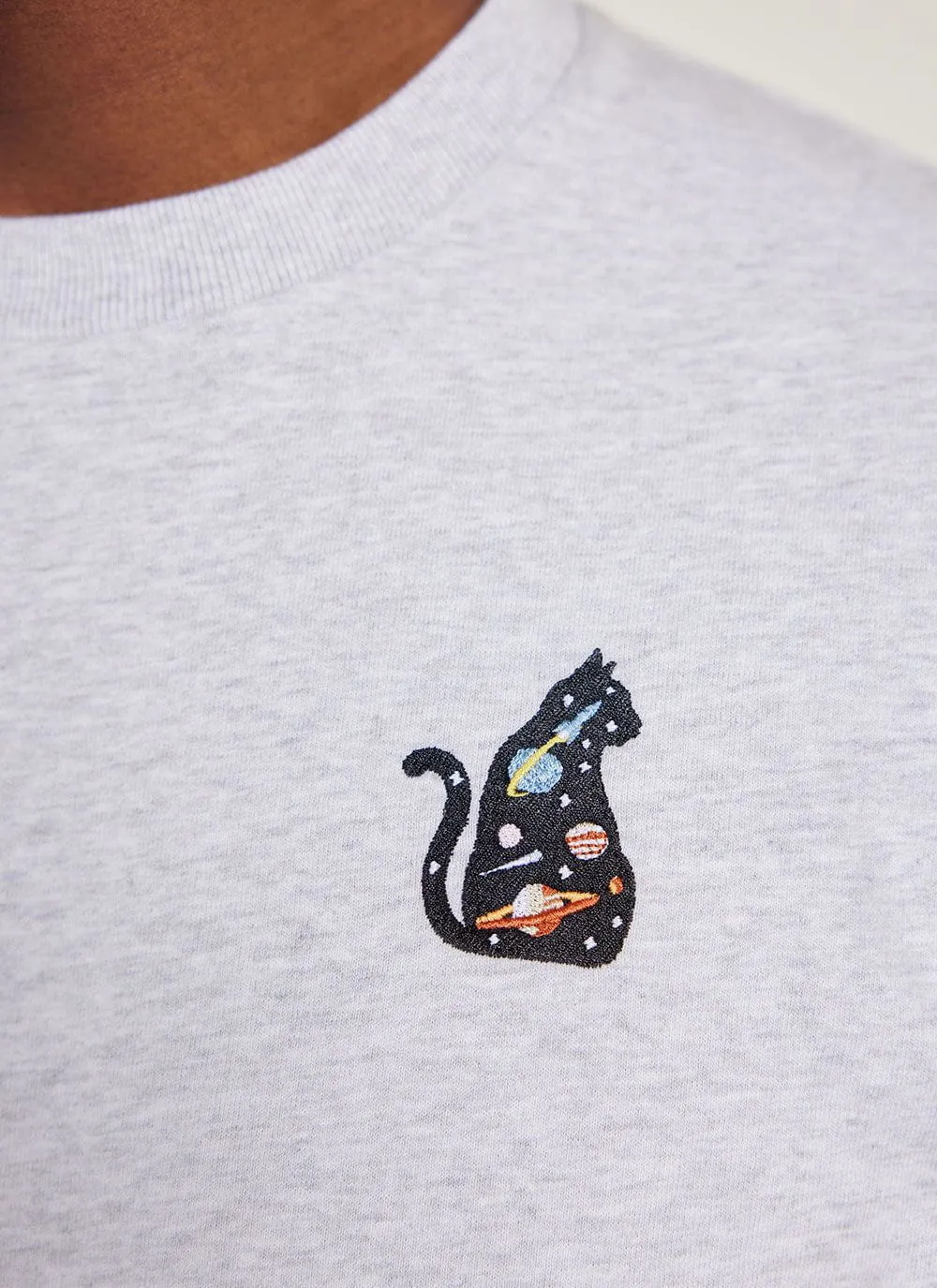 Galaxy Cat T Shirt | Embroidered Organic Cotton | Athletic Grey sold by Percival