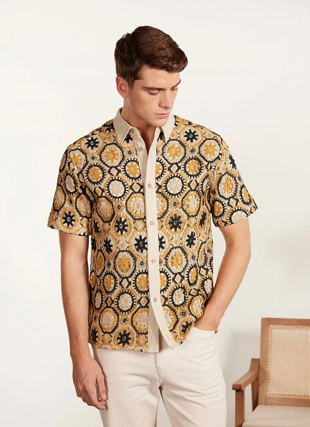 Crochet Short Sleeve Shirt | Tan and Black sold by Percival product image thumbnail 2