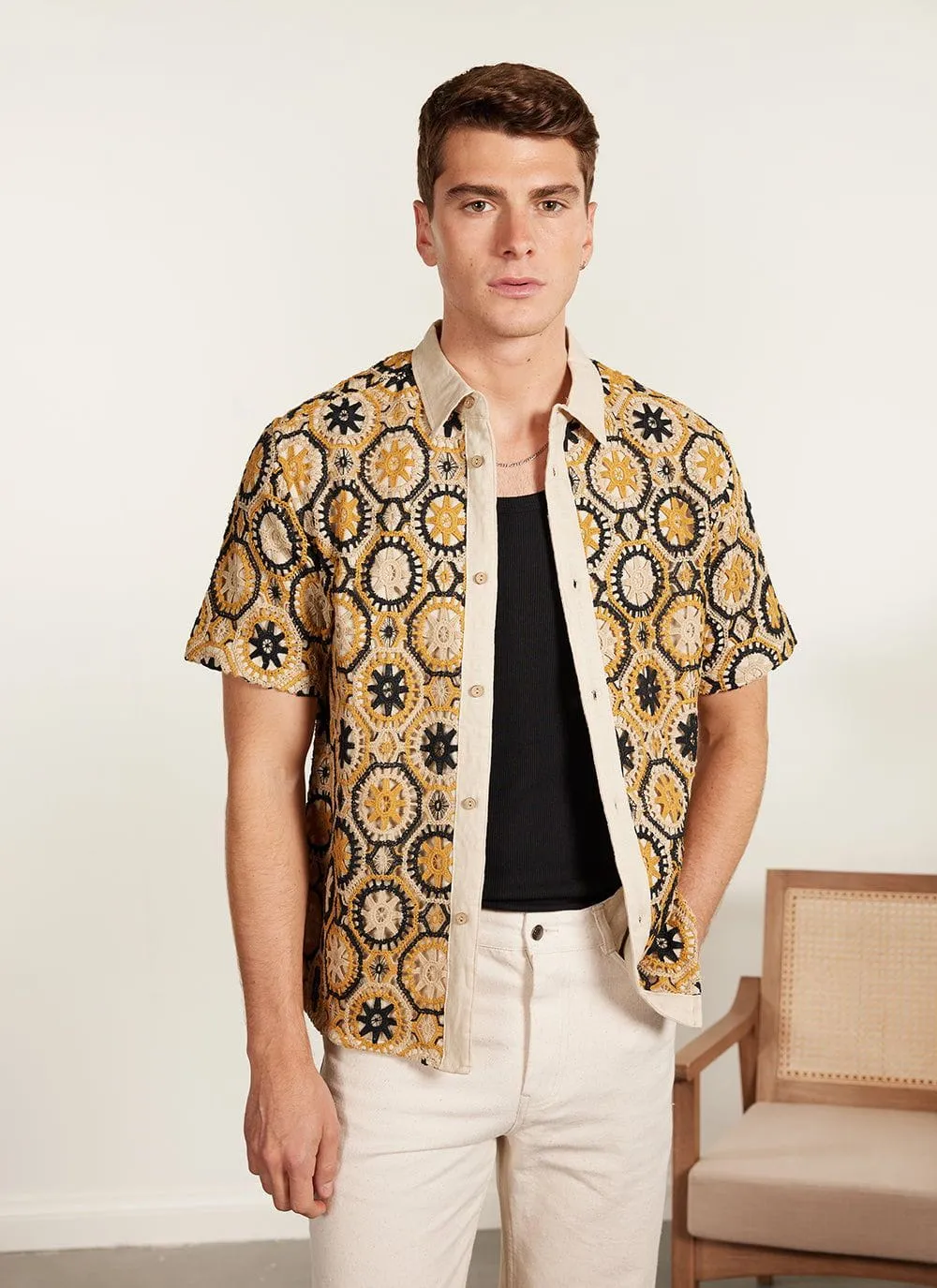 Crochet Short Sleeve Shirt | Tan and Black sold by Percival product image thumbnail 5