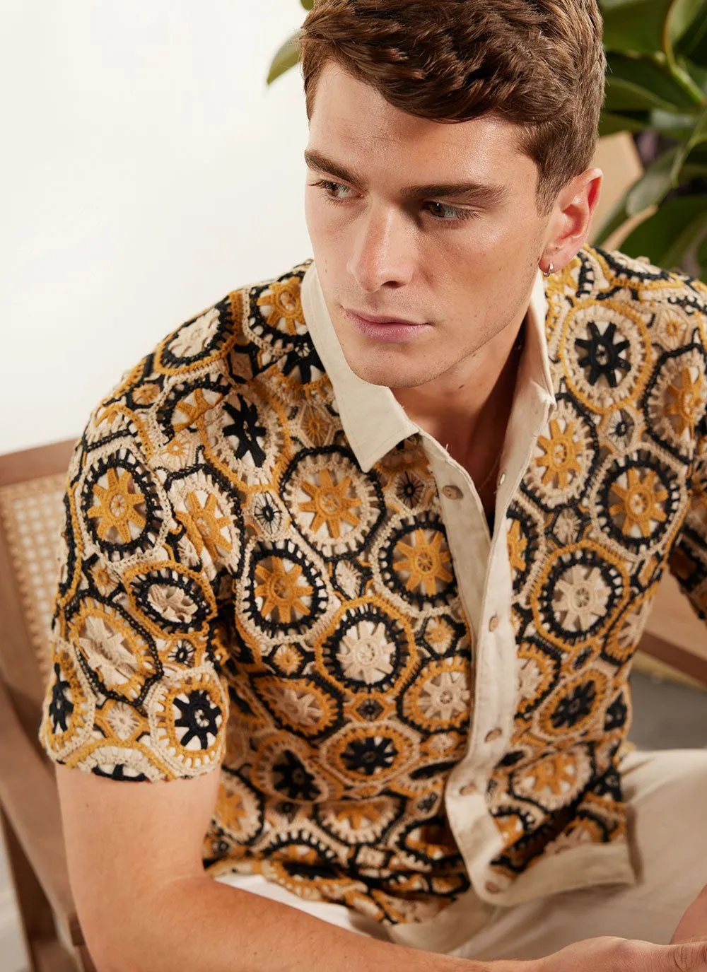 Crochet Short Sleeve Shirt | Tan and Black sold by Percival product image thumbnail 4