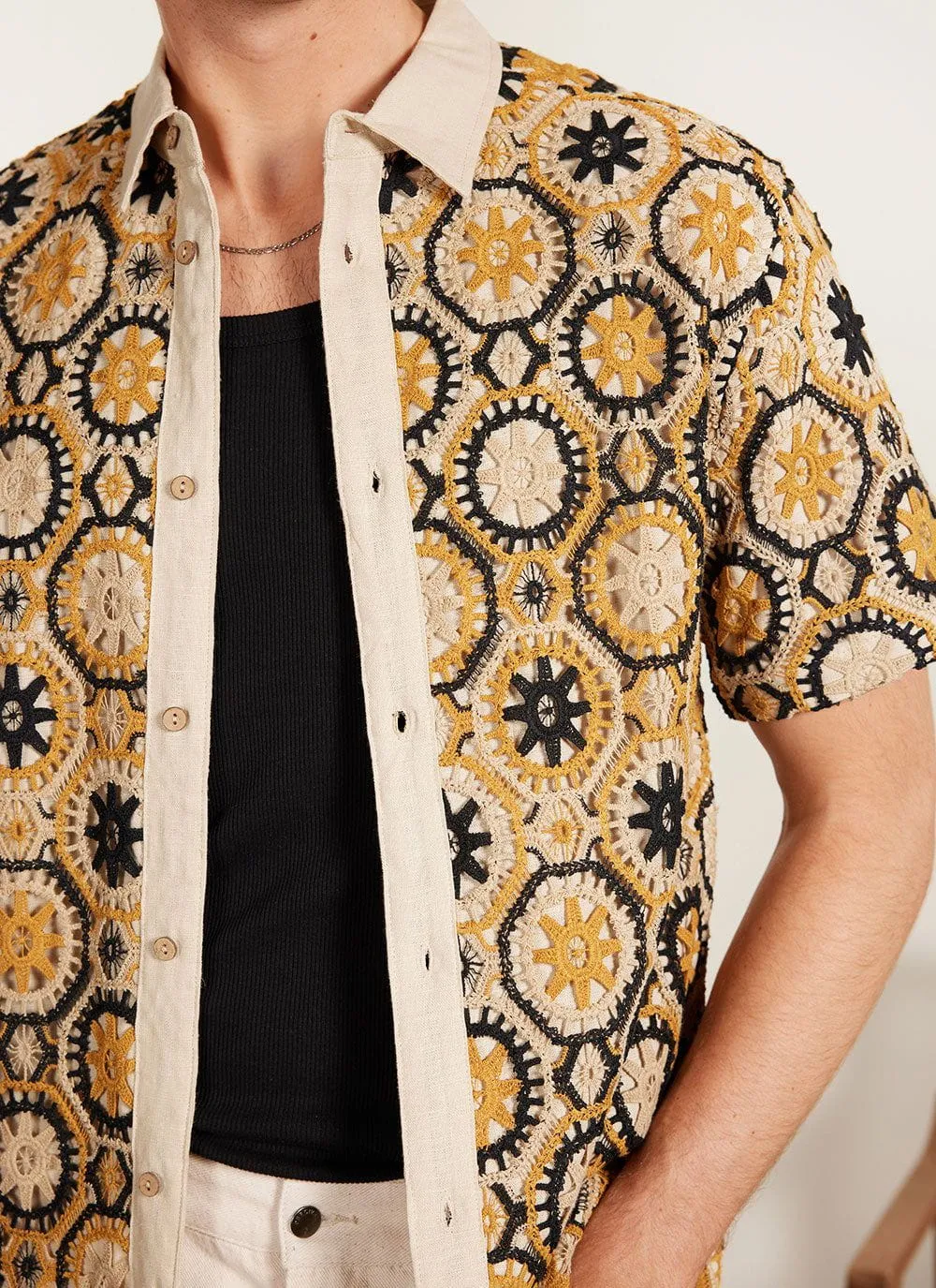 Crochet Short Sleeve Shirt | Tan and Black sold by Percival