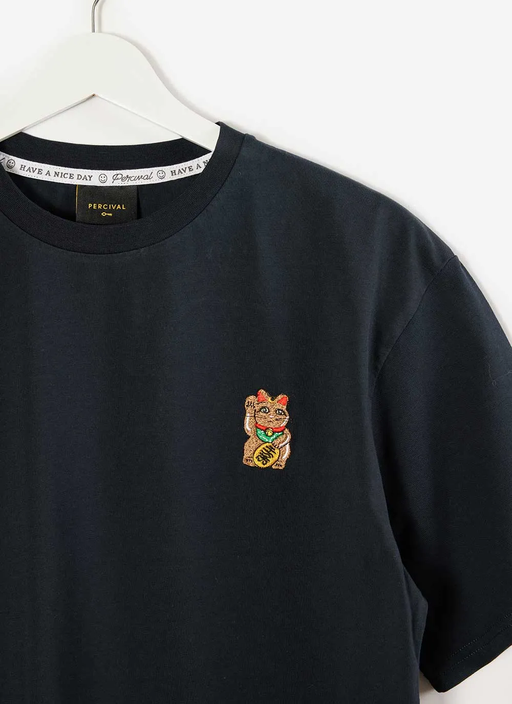 Good Luck Cat T Shirt | Embroidered Organic Cotton | Navy sold by Percival product image thumbnail 2