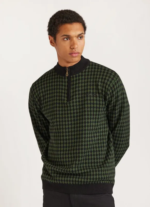 Mini Harlequin Zip Pullover | Knitted Cotton | Forest sold by Percival